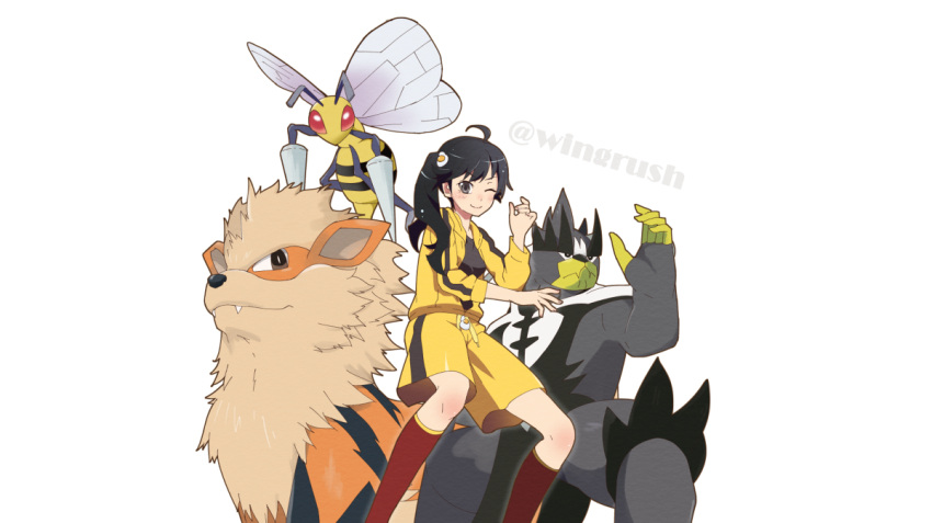 ;) ahoge araragi_karen arcanine bangs beedrill black_hair black_shirt black_stripes blush closed_mouth crossover egg_hair_ornament fangs fangs_out female food_themed_hair_ornament fooring gen_1_pokemon gen_8_pokemon hair_ornament hood hooded_track_jacket jacket kneehighs legendary_pokemon long_hair long_sleeves monogatari_(series) nisemonogatari one_eye_closed pokemon pokemon_(creature) pose red_legwear shirt shorts side_ponytail simple_background smile track_jacket twitter_username urshifu watermark white_background yellow_jacket yellow_shorts