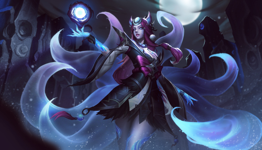 absurdres ahri_(league_of_legends) animal_ears blue_eyes bracelet breasts buwenyineng cleavage energy_ball english_commentary eyeshadow facial_mark female fingernails fox_ears fox_girl fox_tail full_moon glowing glowing_eyes hair_ornament highres jewelry large_breasts league_of_legends long_hair looking_ahead makeup moon moonlight multiple_tails official_alternate_costume official_alternate_hairstyle outdoors parted_bangs purple_eyeshadow purple_hair ruins sharp_fingernails snow_moon_ahri solo standing tail whisker_markings wide_sleeves