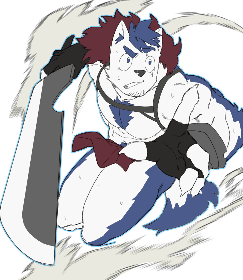 1boy absurdres animal_ear_fluff animal_ears bara bare_pectorals blue_doggo_(ttn) blue_fur blue_hair chest_harness chest_tuft clothes_lift dog_boy dog_ears facial_hair fighting_stance furry furry_male goatee_stubble harness highres holding holding_sword holding_weapon large_pectorals male_focus muscular muscular_male nervous_sweating original outstretched_arm pectorals pelvic_curtain pelvic_curtain_lift scar scar_across_eye short_hair solo stubble sweat sword thick_eyebrows ttn_(239_239) two-tone_fur weapon white_fur