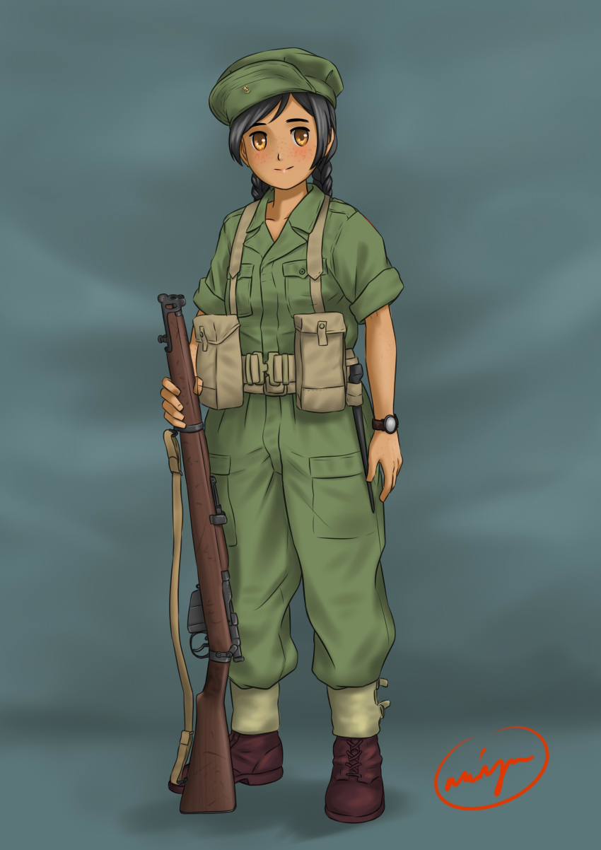 absurdres ankle_boots bayonet black_hair blush bolt_action boots braid brown_eyes collarbone commentary dark-skinned_female dark_skin female freckles gaiters gun gun_sling hat highres lee-enfield load_bearing_equipment looking_at_viewer mardjan military military_uniform netherlands original rifle signature simple_background smile soldier solo twin_braids uniform watch weapon wristwatch