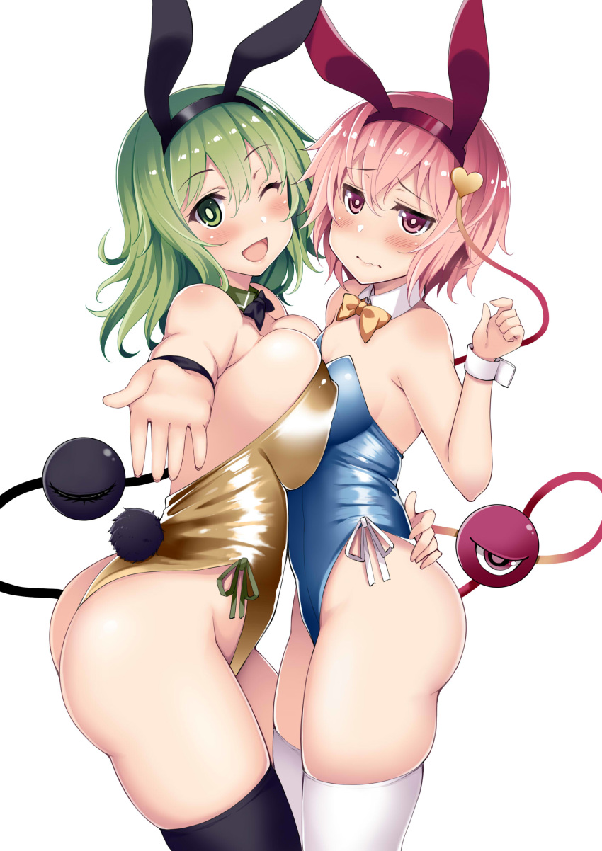 2girls ;d absurdres alternate_breast_size animal_ears ass asymmetrical_docking bad_id bad_twitter_id bare_shoulders black_legwear blue_leotard blush bow bowtie breast_press breast_size_switch breasts bright_pupils covered_nipples cowboy_shot detached_collar eyeball fake_animal_ears green_eyes green_hair hair_ornament hairband heart heart_hair_ornament heart_of_string highres hug jitome komeiji_koishi komeiji_satori kusano_(torisukerabasu) large_breasts leotard looking_at_viewer multiple_girls one_eye_closed open_mouth outstretched_arm pink_eyes pink_hair playboy_bunny rabbit_ears rabbit_tail reaching short_hair side-tie_leotard sideboob simple_background skindentation small_breasts smile tail thighhighs thighs third_eye touhou white_background white_thighhighs wrist_cuffs yellow_leotard