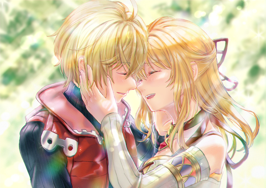 1boy bare_shoulders blonde_hair blush caress choker closed_eyes couple detached_sleeves female fiora_(xenoblade) fuwamoko_momen_toufu red_vest shulk_(xenoblade) straight sunlight upper_body vest xenoblade_chronicles_(series) xenoblade_chronicles_1