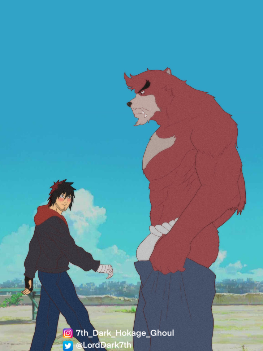 2boys 7th_dark_hokage abs aged_up animal_ears ass bakemono_no_ko bara bear_boy bear_ears beard brown_fur bulge commentary distracted_boyfriend_(meme) dressing english_commentary facial_hair feet_out_of_frame forked_eyebrows from_side furry furry_male furry_with_non-furry highres i've_never_seen_a_guy_recreate_this_successfully_tbh_(meme) interspecies kumatetsu kyuuta_(bakemono_no_ko) large_bulge large_pectorals looking_at_bulge male_focus meme multiple_boys muscular muscular_male nipples open_pants outdoors pants pants_lift pectorals short_hair stomach stubble thick_eyebrows topless_male tusks undersized_clothes upper_body yaoi