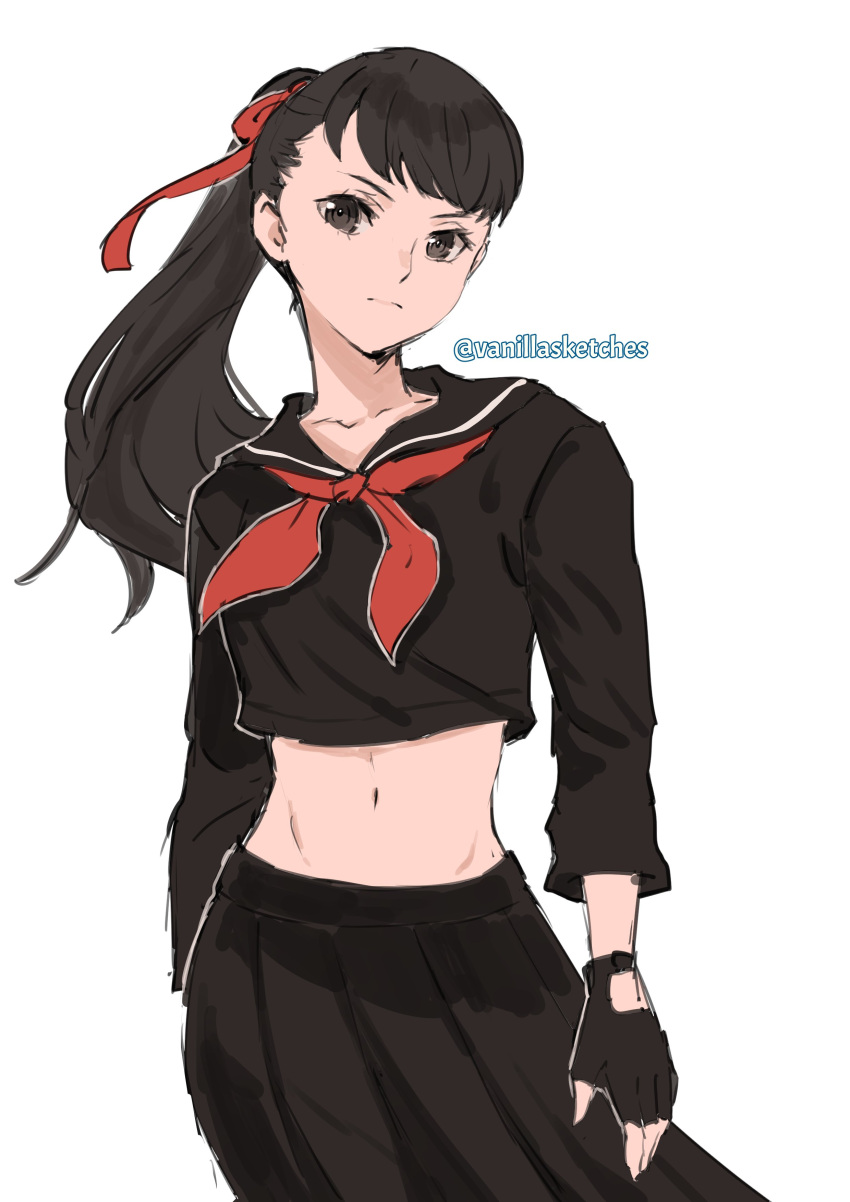 absurdres bad_id bad_twitter_id black_hair black_serafuku collarbone commentary contrapposto delinquent english_commentary female fingerless_gloves gloves highres juusan_kihei_bouei_ken long_hair long_skirt looking_at_viewer midriff pleated_skirt ponytail school_uniform serafuku simple_background skirt sukeban takamiya_yuki twitter_username vanillasketches white_background