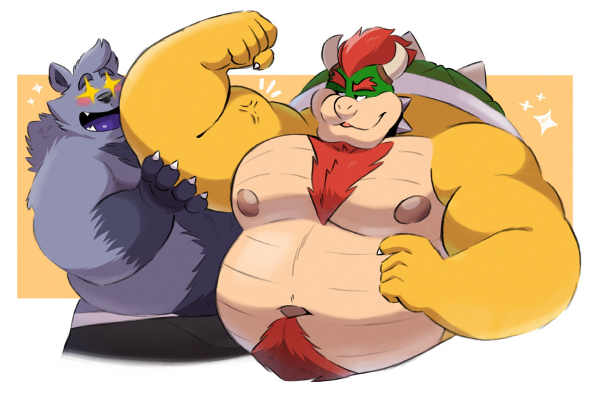 2022 3:2 anthro anthro_on_anthro belly biceps big_belly big_muscles blush body_hair border bowser canid canine canis chest_hair claws clothing collar duo eyebrows flexing fur hair hand_on_arm happy_trail hi_res horn koopa looking_at_another male male/male mammal mario_bros moobs muscle_worship musclegut muscular muscular_anthro muscular_male narrowed_eyes navel nintendo nipples non-mammal_nipples open_mouth open_smile overweight overweight_anthro overweight_male pubes red_hair scalie shell simple_background smile spiked_collar spiked_shell spikes spikes_(anatomy) splashburr star star_eyes tan_background teeth tongue tuft underwear vein white_border wolf