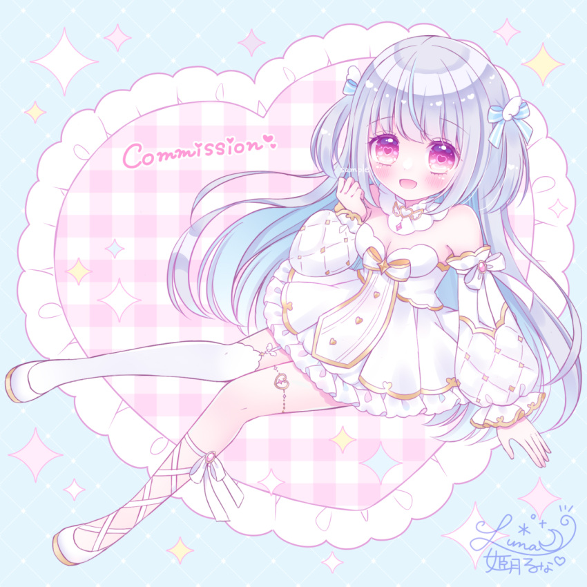 :d bare_shoulders blue_background blue_bow blue_hair blush bow breasts cleavage commentary commission detached_sleeves dress female frills full_body grey_hair hairbow hand_up heart highres himetsuki_luna long_hair long_sleeves looking_at_viewer medium_breasts multicolored_hair original pastel_colors plaid puffy_long_sleeves puffy_sleeves purple_eyes shoes signature simple_background single_thighhigh skeb_commission sleeves_past_wrists smile solo sparkle strapless strapless_dress thighhighs two-tone_hair two_side_up very_long_hair white_dress white_footwear white_thighhighs