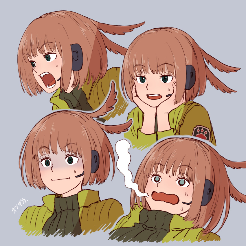 absurdres blunt_bangs bob_cut brown_hair cropped_torso empty_eyes female giving_up_the_ghost green_eyes hair_flaps hands_on_own_cheeks hands_on_own_face head_rest headphones headset highres jitome konami_kirie long_hair long_sleeves looking_at_viewer looking_away multiple_views nervous_sweating open_mouth otsuzaka scared short_hair simple_background surprised sweat turn_pale uniform world_trigger