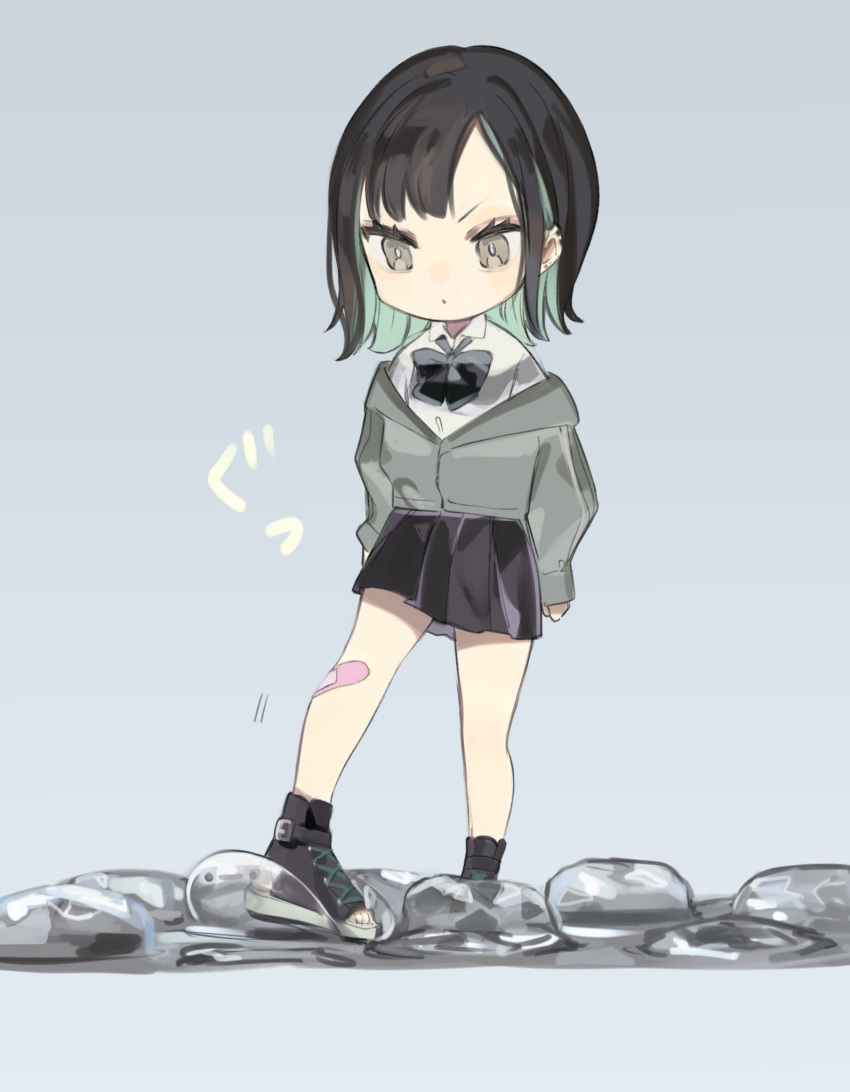 :o bandaid bandaid_on_leg black_bow black_bowtie black_eyes black_footwear black_hair black_skirt boukou-chan_(tokiwata_soul) bow bowtie bright_pupils check_commentary chibi collared_shirt colored_inner_hair commentary_request cross-laced_footwear ear_piercing eyelashes female full_body green_hair grey_background grey_jacket highres jacket looking_down multicolored_hair off_shoulder original piercing pleated_skirt shirt short_hair simple_background skirt sleeves_past_wrists solo standing stepping swept_bangs tokiwata_soul white_pupils white_shirt