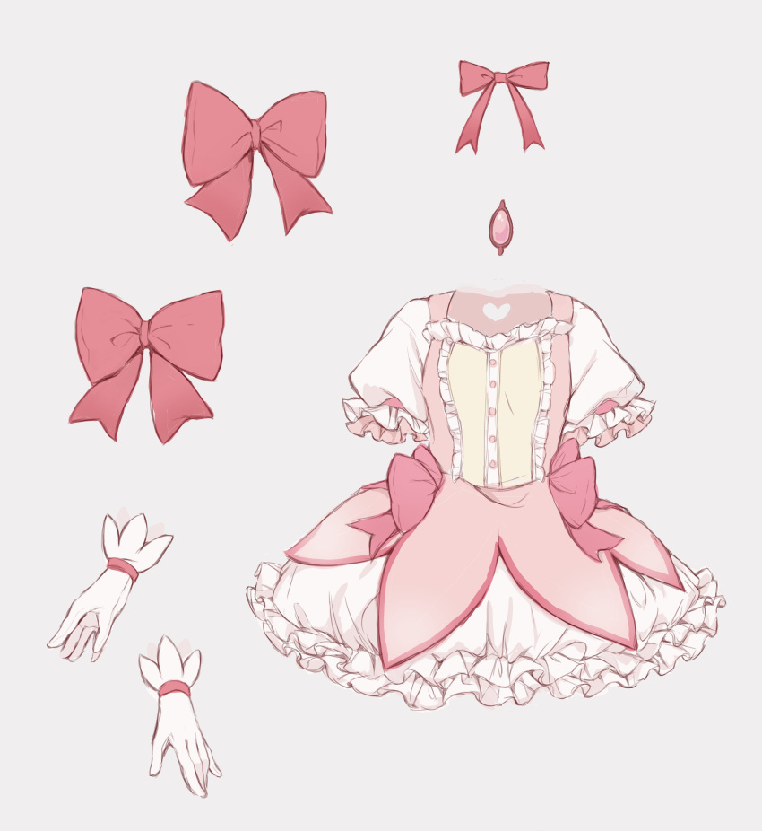 absurdres bad_id bad_twitter_id bubble_skirt buttons clothes clothes_only commentary dress frilled_skirt frilled_sleeves frills gloves grey_background heart-shaped_hole highres hitode kaname_madoka kaname_madoka_(magical_girl) magical_girl mahou_shoujo_madoka_magica mahou_shoujo_madoka_magica_(anime) no_humans pink_ribbon pink_theme puffy_short_sleeves puffy_sleeves ribbon short_sleeves simple_background skirt soul_gem still_life white_gloves