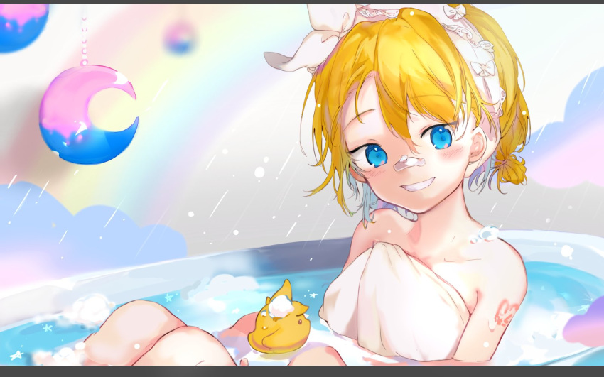 bad_id bad_twitter_id bandaid bandaid_on_face bandaid_on_nose bare_arms bare_shoulders bathing bathtub blonde_hair blue_eyes blush collarbone commentary female foam grin highres kagamine_rin looking_at_viewer messy_hair moon_(ornament) naked_towel number_tattoo oyamada_gamata pale_skin rubber_duck shoulder_tattoo sitting smile soap_bubbles solo tattoo tied_hair towel vocaloid wet wet_hair