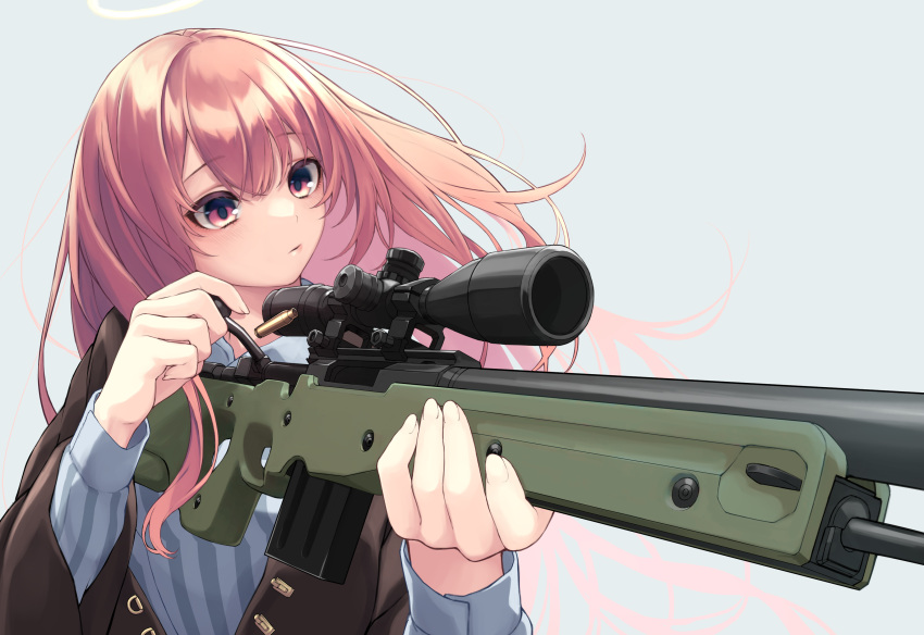 absurdres ai_arctic_warfare arknights bolt_action brown_jacket cartridge casing_ejection closed_mouth commentary_request female gun halo highres holding holding_gun holding_weapon jacket lemuen_(arknights) long_hair long_sleeves nameko_houshi open_clothes open_jacket pink_eyes pink_hair rifle shell_casing shirt simple_background sniper_rifle solo striped_clothes striped_shirt vertical-striped_clothes vertical-striped_shirt weapon white_background white_shirt