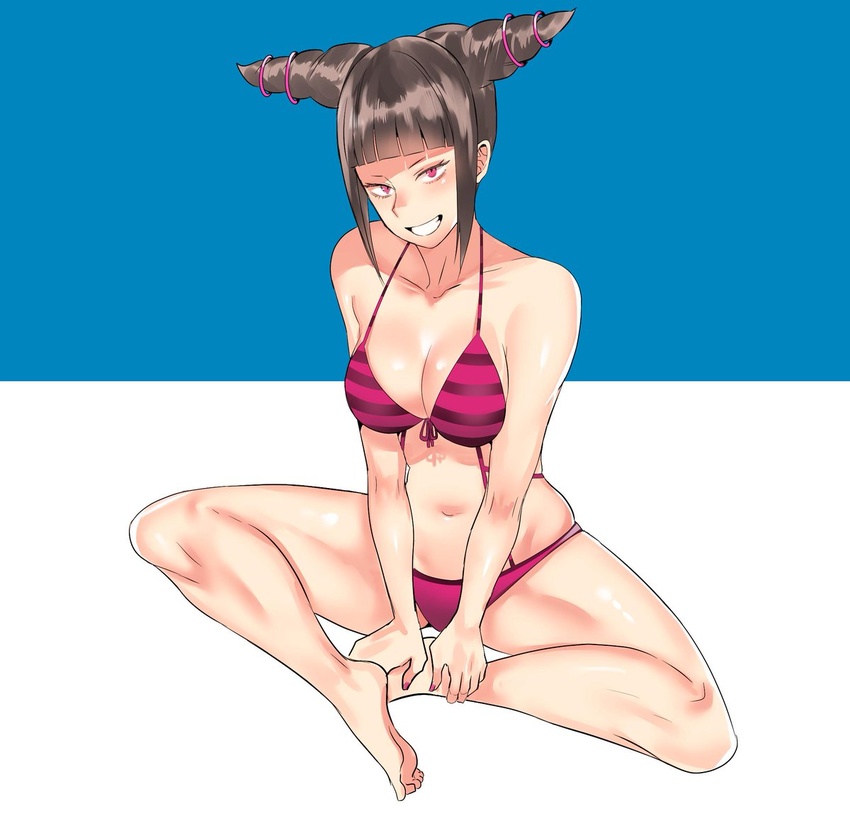 barefoot bikini black_hair blue_background breasts cleavage commentary_request evil_smile eye_(mememem) female full_body hair_horns hands_on_feet indian_style juri_han large_breasts looking_at_viewer navel pink_bikini pink_eyes purple_bikini sitting smile solo street_fighter street_fighter_iv_(series) street_fighter_v striped_bikini striped_clothes swimsuit teeth two-tone_background white_background