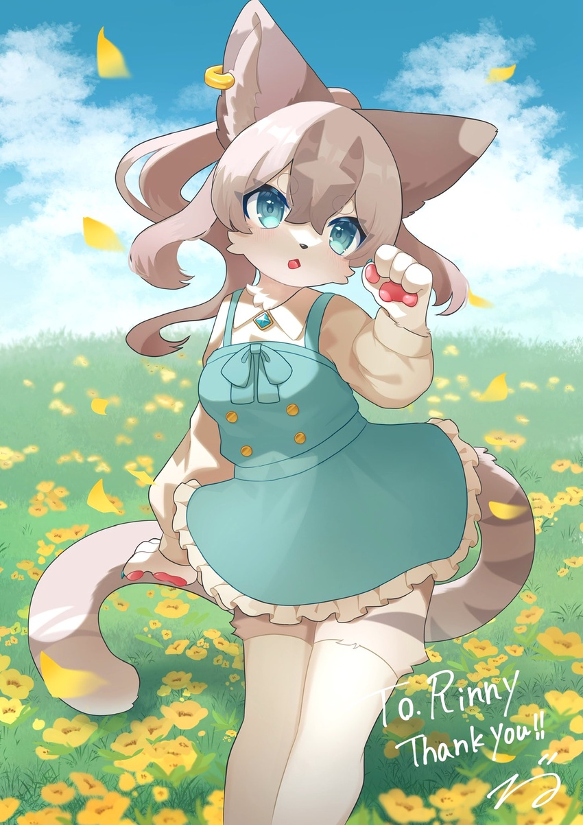 2022 4_fingers alternative_fashion anthro blue_eyes blush breasts claws clothed clothing cloud country_lolita day digital_media_(artwork) digital_painting_(artwork) domestic_cat dress ear_piercing ear_ring felid feline felis female female_anthro finger_claws fingers flower fur grass hair hi_res j-fashion kemono kuro_kemo28 legwear lolita_(fashion) mammal multicolored_body multicolored_fur multicolored_hair multicolored_tail open_mouth outside pastel_theme pawpads petals piercing plant portrait ring_piercing sailor_lolita sky solo tail thigh_highs three-quarter_portrait