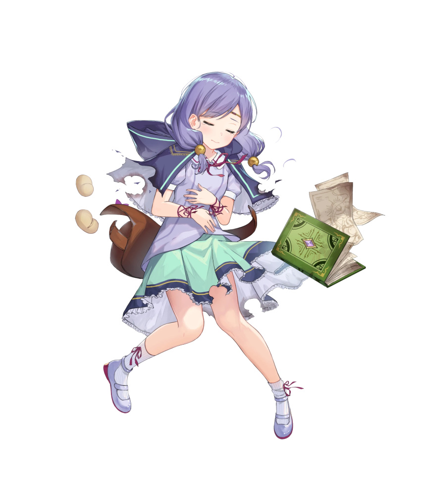 belt belt_pouch book bread cape capelet circlet closed_eyes closed_mouth female fire_emblem fire_emblem:_path_of_radiance fire_emblem_heroes food frilled_skirt frills full_body hair_ornament hands_on_stomach haru_(hiyori-kohal) highres hood hood_down ilyana_(awakened_appetite)_(fire_emblem) ilyana_(fire_emblem) lolicon long_hair low_twintails mary_janes non-web_source official_art paper pouch puffy_short_sleeves puffy_sleeves purple_hair shoes short_sleeves skirt socks solo torn_cape torn_clothes transparent_background twintails white_socks