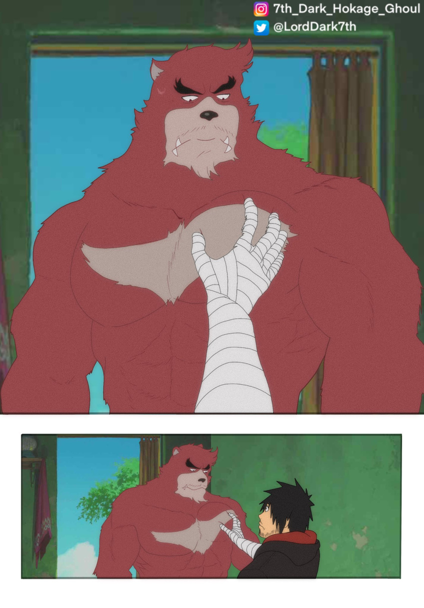 2boys 7th_dark_hokage abs aged_up animal_ears bakemono_no_ko bara bear_boy bear_ears beard blank_stare brown_fur commentary english_commentary eye_contact facial_hair forked_eyebrows furry furry_male furry_with_non-furry grabbing highres interspecies kumatetsu kyuuta_(bakemono_no_ko) large_pectorals looking_at_another male_focus meme multiple_boys muscular muscular_male nipples no_nipples nude pectoral_grab pectorals short_hair sibi2028_pectoral_grab_(meme) stomach stubble thick_eyebrows tusks upper_body yaoi