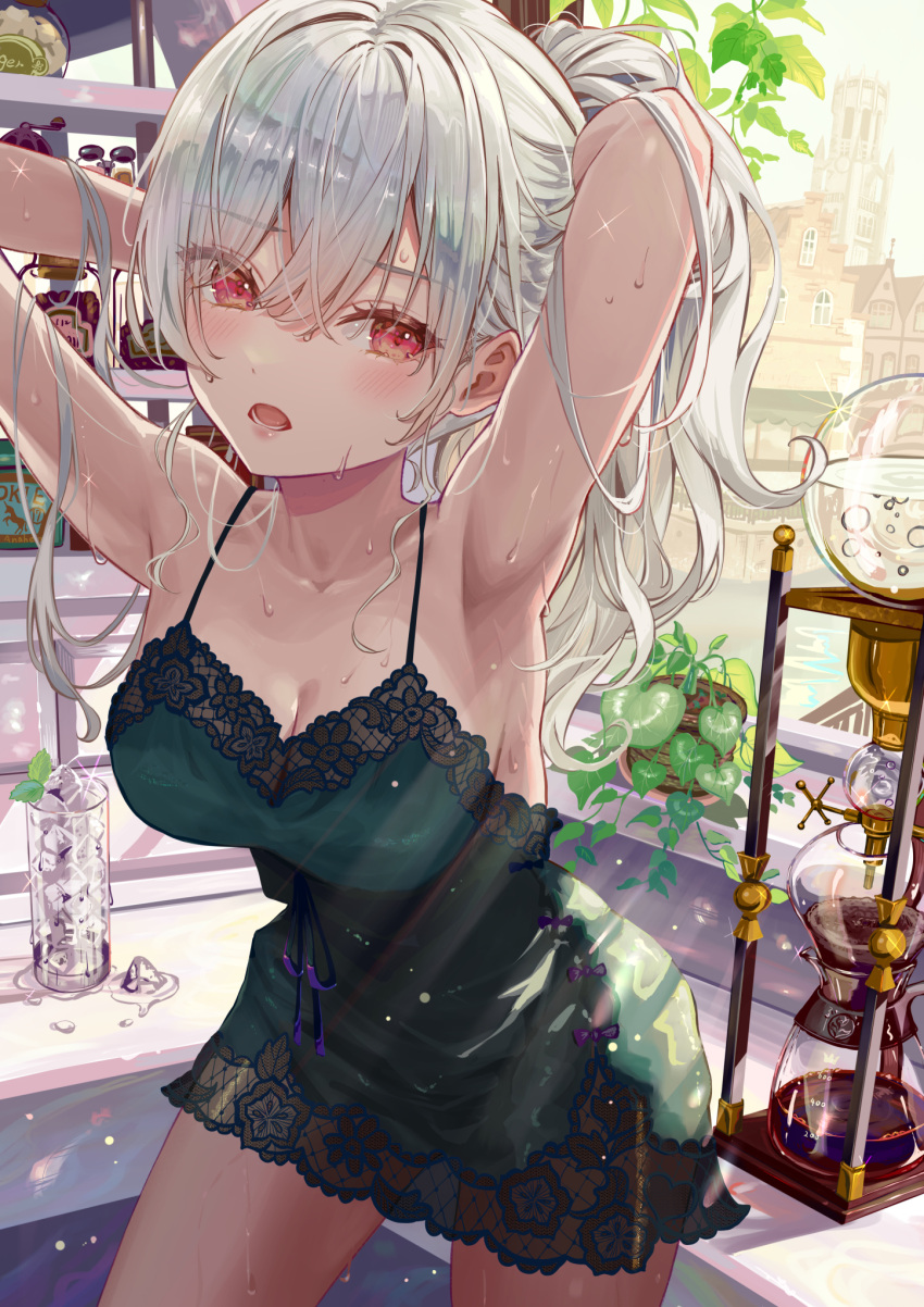 armpits blush breasts building chemise cleavage coffee_maker collarbone commentary_request contrapposto cup day disposable_cup drinking_glass female foreshortening glass green_chemise grey_hair highres ice ice_cube ito_lab jar lace-trimmed_chemise melting mint multicolored_eyes open_mouth original plant ponytail potted_plant purple_ribbon ribbon sweat tying_hair very_sweaty