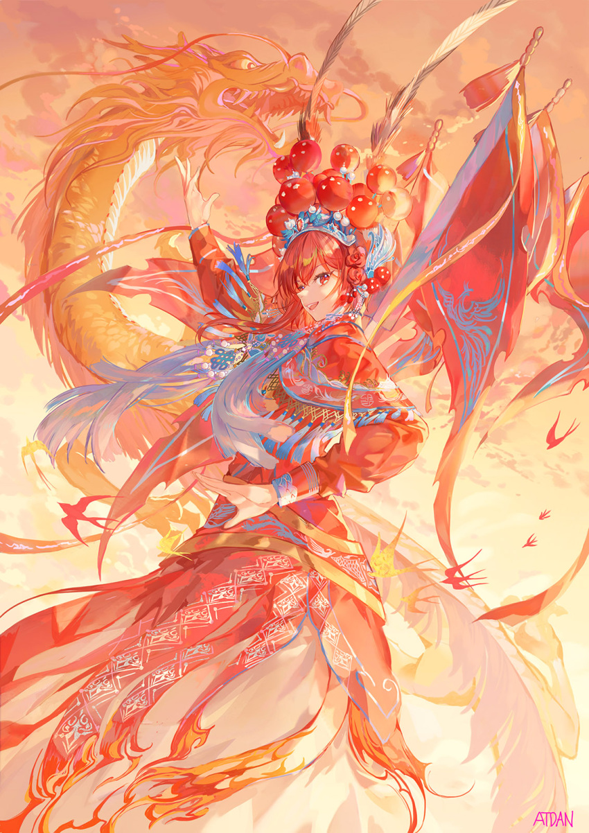 arm_up atdan bird capelet chinese_clothes chiyu_(synthesizer_v) cloud dragon dress eastern_dragon feathers female fire flag flower hair_feathers hair_flower hair_ornament headpiece highres long_sleeves looking_at_viewer open_mouth red_dress red_eyes red_hair red_theme short_hair_with_long_locks signature smile solo swallow synthesizer_v tassel