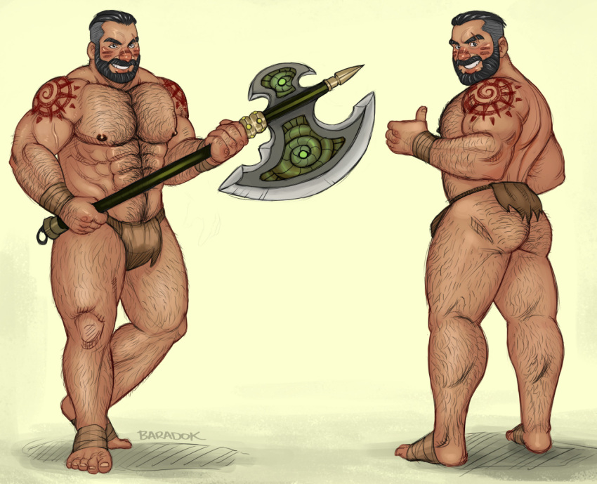 1boy abs alternate_costume arm_hair ass axe bara barbarian battle_axe beard body_hair bulge chest_hair clenched_butt commission eyebrow_cut facial_hair full_body grin growlygruntz hairy holding holding_axe large_pectorals league_of_legends leg_hair loincloth looking_at_viewer male_focus mature_male multiple_views muscular muscular_male navel_hair nipples pectorals short_hair shoulder_tattoo sideburns smile stomach tattoo thick_eyebrows thick_thighs thighs thumbs_up topless_male tribal udyr undercut weapon