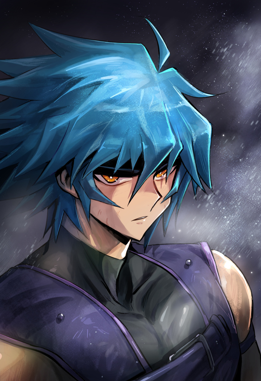 1boy arm_strap black_headband blue_hair bruise bruise_on_face dark_persona headband highres injury johan_andersen male_focus natsukusa_(hacho129) orange_eyes parted_lips portrait sleeveless solo spiked_hair turtleneck yu-gi-oh! yu-gi-oh!_gx