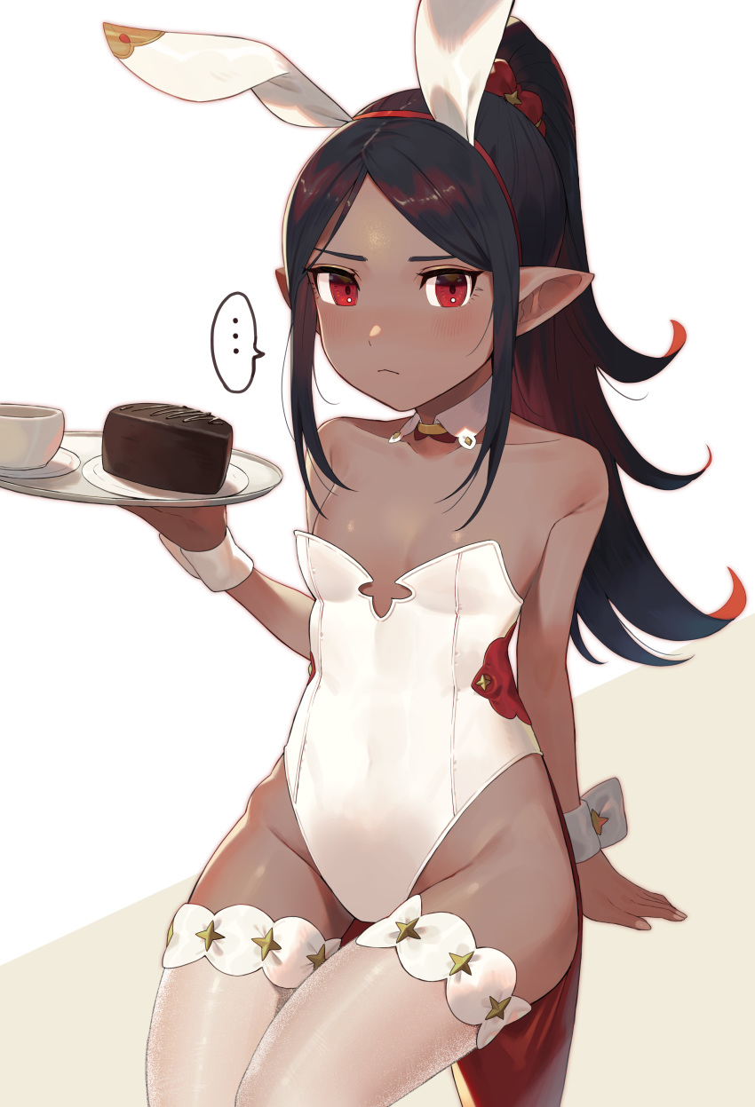 ... absurdres animal_ears bare_shoulders black_hair blush breasts cake chocolate_cake commentary_request dark-skinned_female dark_skin detached_collar fake_animal_ears female food highres leotard long_hair looking_at_viewer original parted_bangs playboy_bunny ponytail rabbit_ears red_eyes shibainu small_breasts solo spoken_ellipsis strapless strapless_leotard thighhighs tray white_background white_leotard white_thighhighs wrist_cuffs