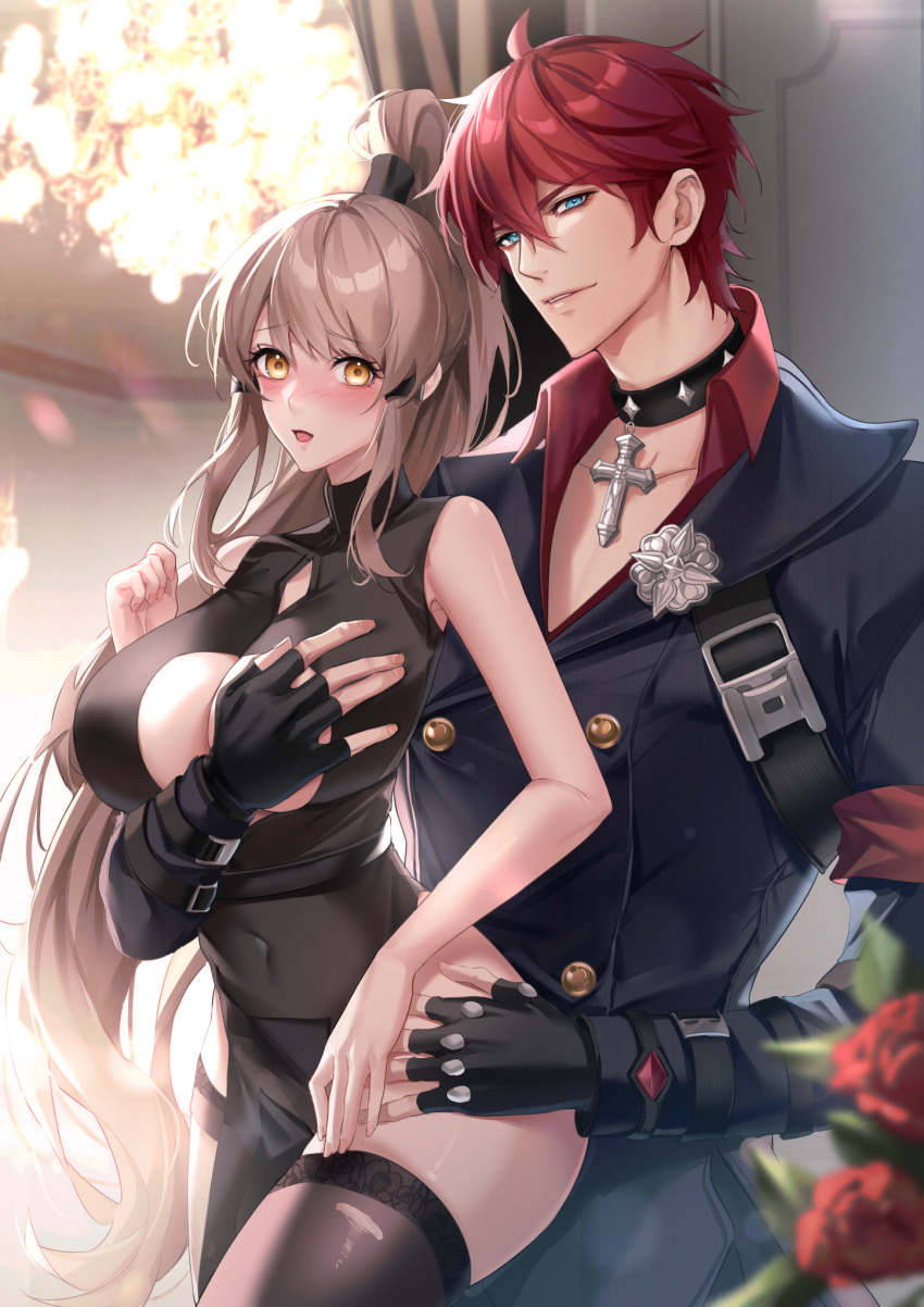 1boy ahoge bare_shoulders black_dress black_thighhighs blonde_hair blue_eyes blurry blurry_foreground blush breasts cain_art811 covered_navel dress female fingerless_gloves flower gloves grabbing grabbing_another's_breast highres jewelry king_(tower_of_fantasy) large_breasts long_hair necklace open_mouth ponytail red_hair rose samir_(tower_of_fantasy) short_hair straight thighhighs thighs tower_of_fantasy yellow_eyes