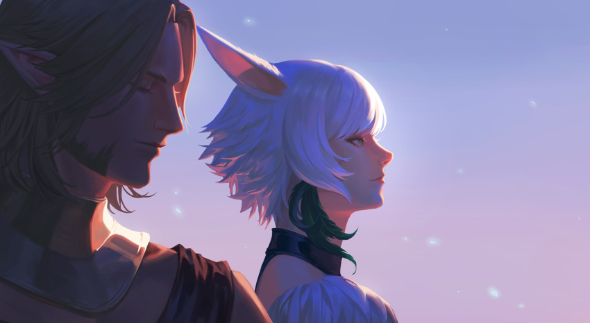 1boy absurdres animal_ears brown_hair cat_ears closed_eyes dark_skin elezen elf facial_hair female final_fantasy final_fantasy_xiv fur_collar grey_eyes highres jewelry miqo'te neck_ring pointy_ears portrait profile short_hair smile somu_(dlektha1994) urianger_augurelt white_hair y'shtola_rhul