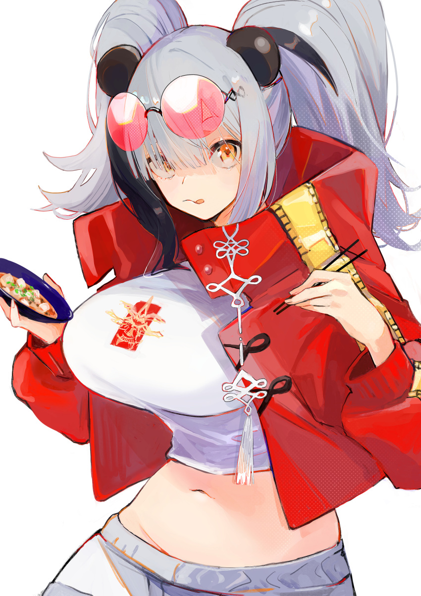 :q aaoshigatoutoi absurdres animal_ears arknights bad_id bad_pixiv_id bear_ears black_hair bowl breasts chopsticks closed_mouth commentary_request crop_top eyewear_on_head feater_(arknights) feater_(gourmet)_(arknights) female grey_hair highres holding holding_bowl holding_chopsticks impossible_clothes impossible_shirt jacket large_breasts long_hair long_sleeves looking_at_viewer midriff multicolored_hair navel open_clothes open_jacket red-tinted_eyewear red_jacket rimless_eyewear round_eyewear shirt smile solo stomach streaked_hair sunglasses tinted_eyewear tongue tongue_out twintails two-tone_hair upper_body white_shirt yellow_eyes