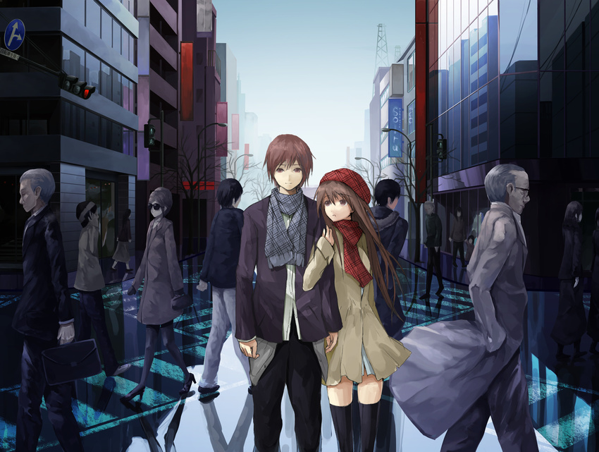 brown_eyes brown_hair city hat long_hair original scarf thighhighs tyappygain