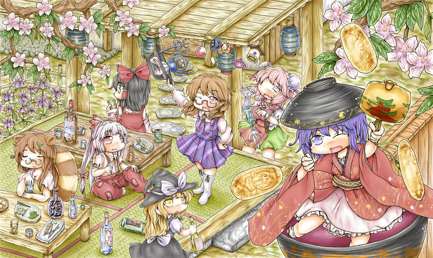 1up 6+girls ;d absurdres animal_ears bishamonten's_pagoda black_hair blonde_hair bottle bow bowl bowl_hat brown_eyes brown_hair bun_cover chopsticks closed_eyes coin commentary_request dress flatwoods_monster flower fujiwara_no_mokou futatsuiwa_mamizou glasses gourd hairbow hakurei_reimu hand_on_own_hip hat highres holding holding_clothes holding_hat ibaraki_kasen japanese_clothes kirisame_marisa kneehighs laevatein_(touhou) lantern miracle_mallet multiple_girls one_eye_closed open_mouth paper_lantern pink_eyes pink_hair plaid plaid_dress purple_eyes purple_hair raccoon_ears raccoon_tail red_eyes robot shanghai_doll sitting smile socks star-shaped_pupils star_(symbol) sukuna_shinmyoumaru suspenders symbol-shaped_pupils tabard table tail tatami touhou tree unworn_hat unworn_headwear usami_sumireko white_hair white_legwear witch_hat yellow_eyes yin_yang ys_(ytoskyoku-57)