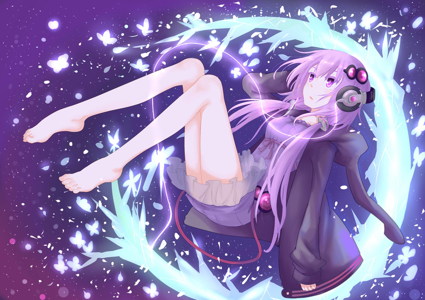 absurdres bare_legs barefoot bug butterfly chinese_commentary colored_eyelashes commentary_request dress feet female hair_ornament hand_on_own_head headphones highres hood hooded_jacket jacket ko_kita long_hair low_twintails purple_dress purple_eyes purple_hair slim_legs solo twintails vocaloid voiceroid yuzuki_yukari