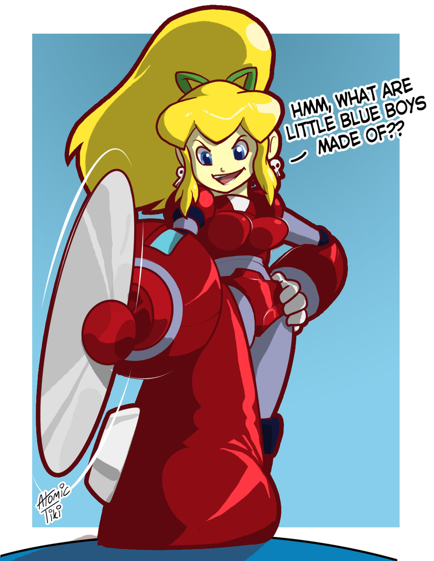 :d android atomictiki blonde_hair blue_eyes circular_saw dark_persona earrings english_text female hair_ribbon hand_on_own_hip highres jewelry long_hair mega_man_(classic) mega_man_(series) open_mouth photoshop_(medium) revision ribbon roll_(mega_man) saw skull smile speech_bubble v-shaped_eyebrows weapon