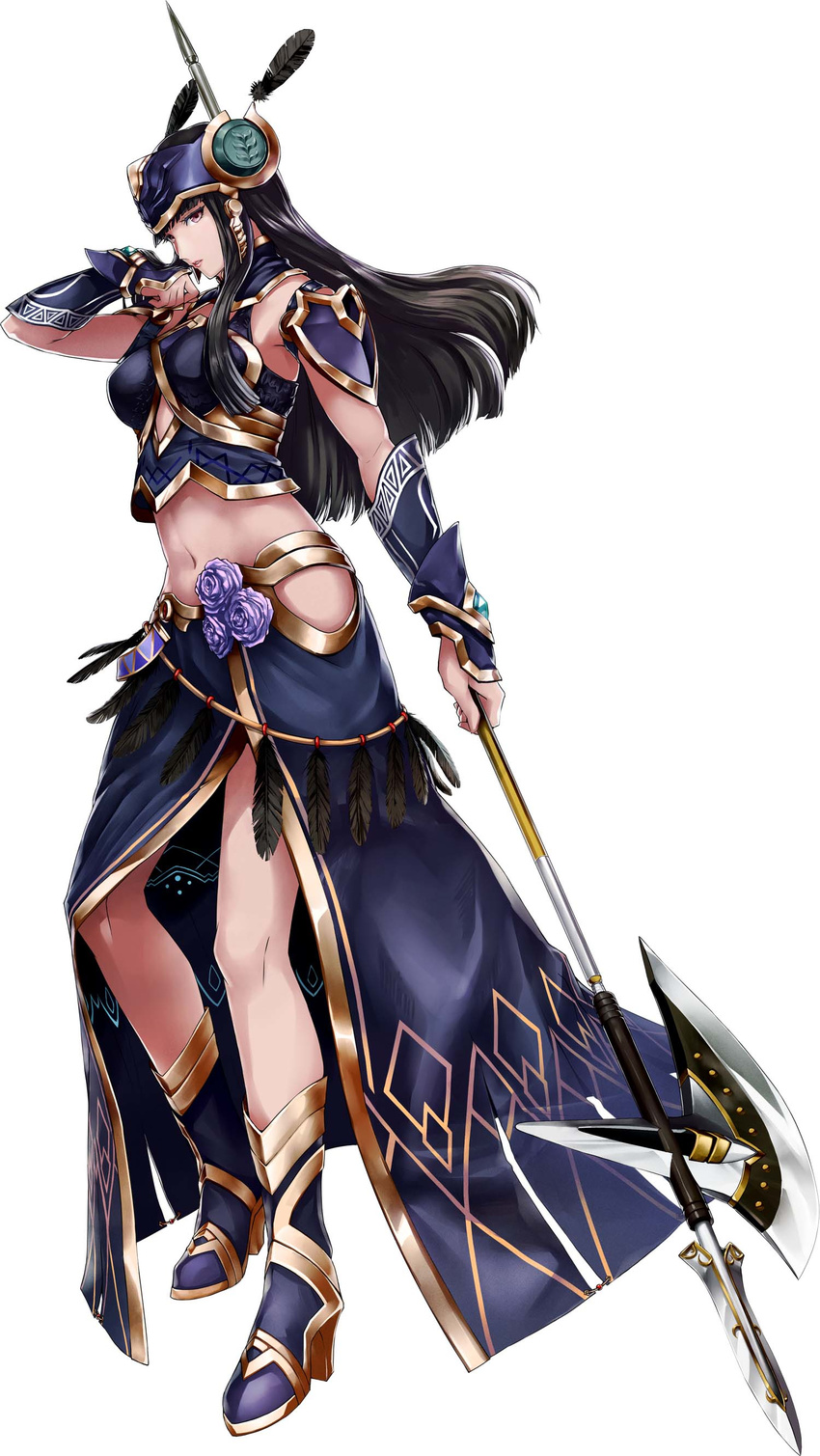 absurdres armor bikini_armor black_hair boots breastplate feathers female flower full_body halberd helmet highres holding holding_weapon hrist_valkyrie long_hair looking_at_viewer navel official_art parted_lips photoshop_(medium) polearm purple_flower purple_rose red_eyes rose shoulder_armor shoulder_pads solo standing valkyrie_anatomia valkyrie_profile_(series) weapon white_background