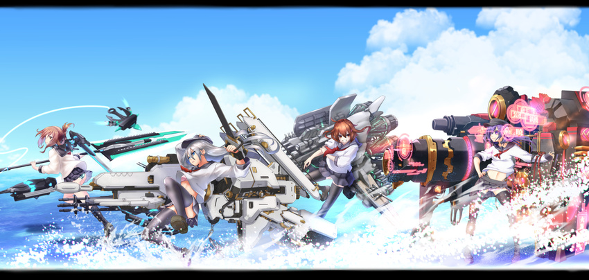 4girls akatsuki_(kancolle) anchor big.g black_thighhighs blue_sky bra brown_eyes brown_hair cannon cloud commentary_request day folded_ponytail green_panties grin hair_ornament hairclip hand_on_own_hip hibiki_(kancolle) ikazuchi_(kancolle) inazuma_(kancolle) kantai_collection letterboxed long_hair machinery multiple_girls neckerchief outdoors panties pink_bra pink_panties polearm purple_eyes purple_hair school_uniform serafuku short_hair skirt sky sleeves_pushed_up smile spear striped_clothes striped_panties thighhighs underwear water weapon