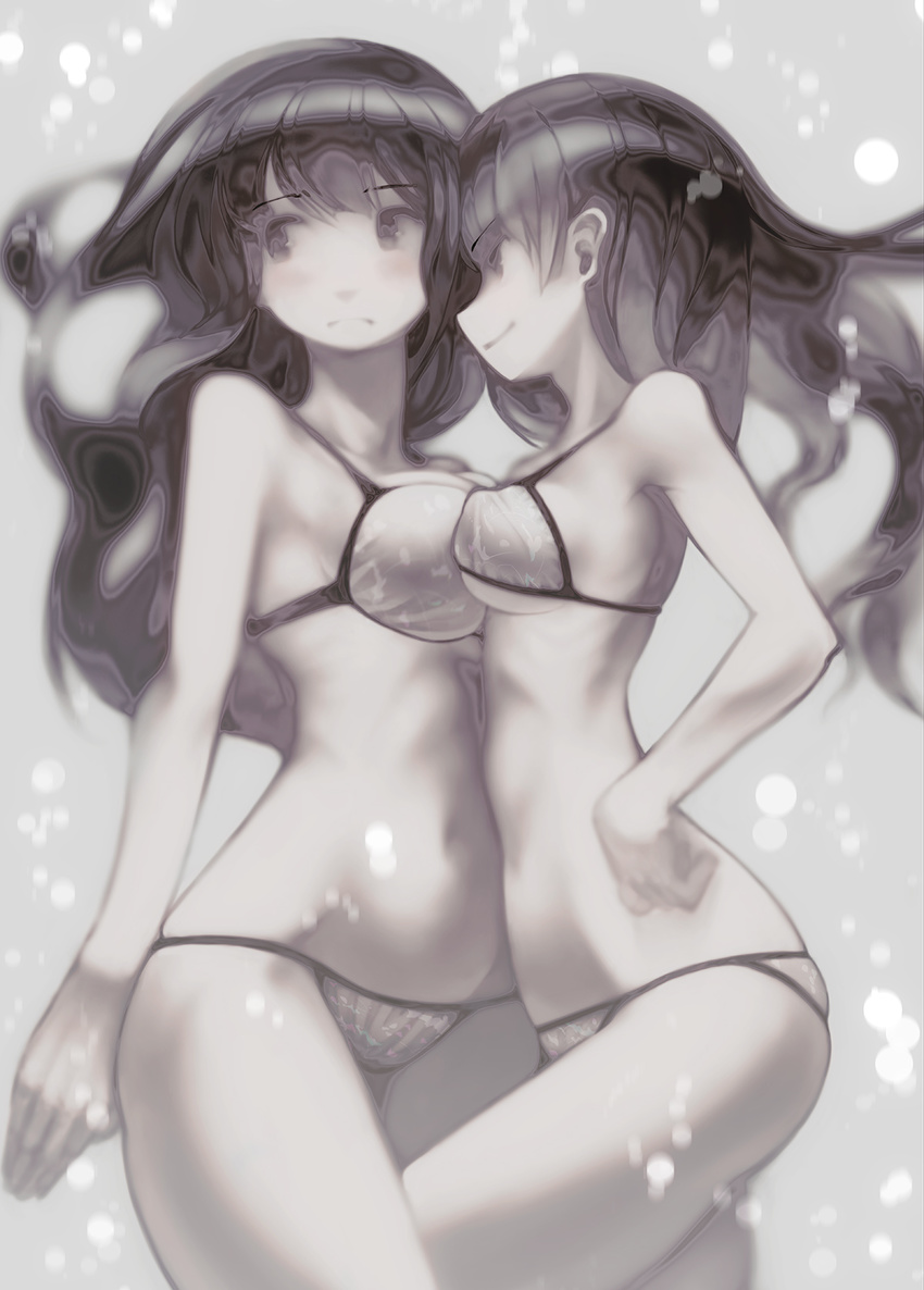 2girls air_bubble arms_behind_back asymmetrical_docking bad_id bad_pixiv_id bare_shoulders bikini black_eyes black_hair blush breast_press breasts bubble commentary_request from_side hair_behind_ear hand_on_own_hip highres large_breasts long_hair looking_away medium_breasts multiple_girls navel original pale_skin profile smile swimsuit tefec thighs underwater