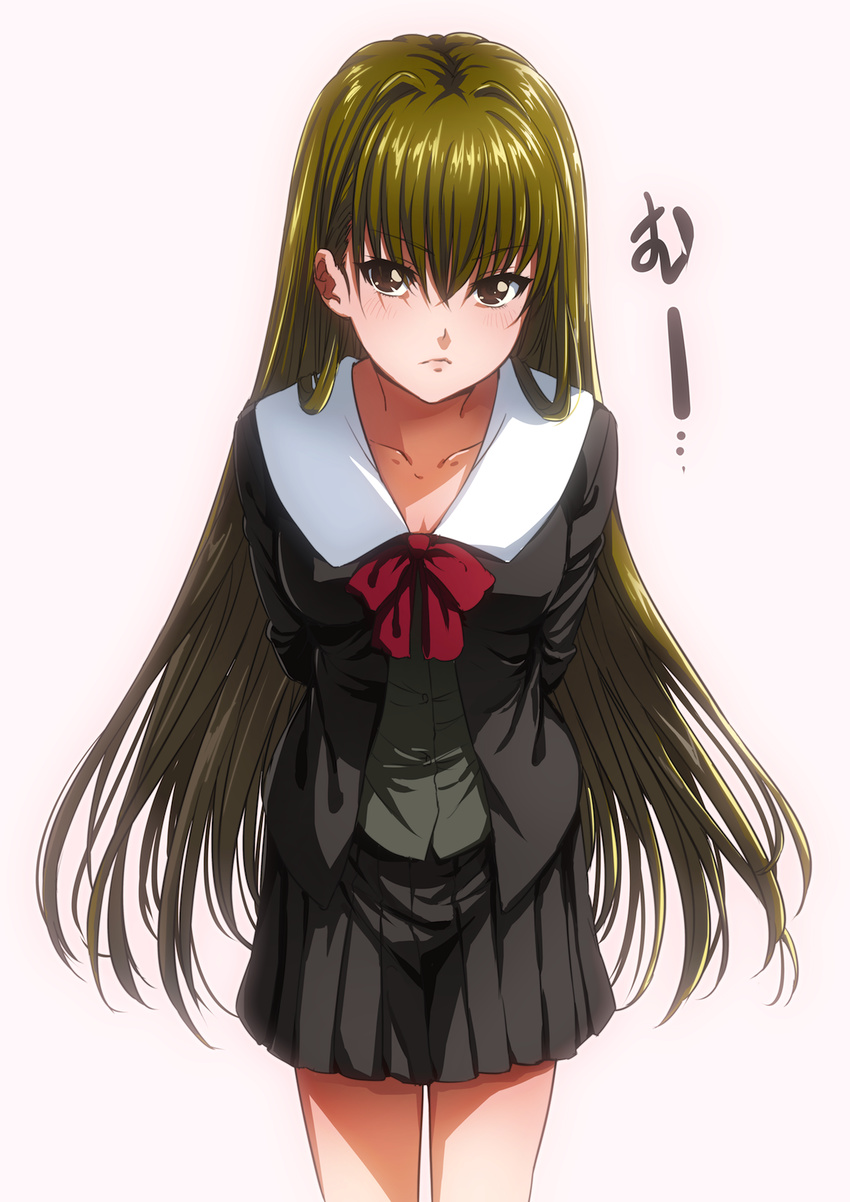 amatsuka_megumi arms_behind_back bad_id bad_twitter_id blush bow bowtie breasts collarbone female green_eyes highres isshi_pyuma leaning_forward long_hair looking_at_viewer medium_breasts red_bow red_bowtie sailor_collar school_uniform simple_background skirt solo tenshi_na_konamaiki