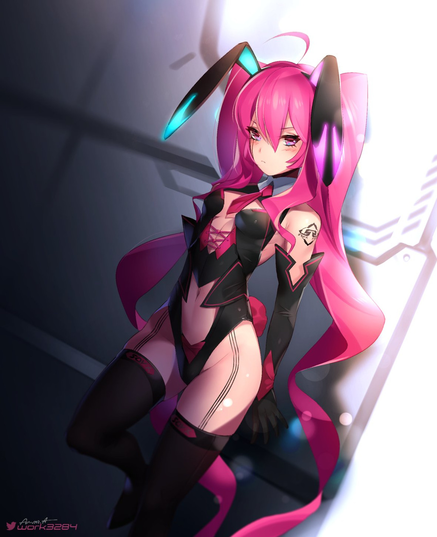 absurdly_long_hair against_wall ahoge animal_ears black_gloves black_thighhighs blurry blush bokeh breasts cleavage_cutout closed_mouth clothing_cutout depth_of_field dutch_angle elbow_gloves fake_animal_ears female fu-mi.a gloves grace_(sound_voltex) hair_between_eyes hairband highres leg_up leotard long_hair looking_at_viewer navel navel_cutout necktie pink_eyes pink_hair playboy_bunny rabbit_ears rabbit_tail short_necktie small_breasts solo sound_voltex tail tattoo thighhighs very_long_hair