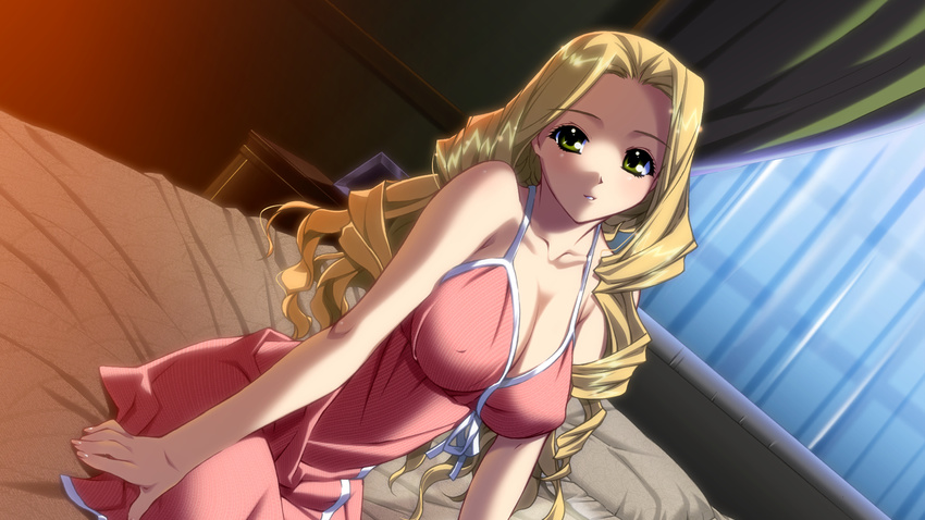 :o bed blonde_hair breasts brown_eyes cleavage dress erect_nipples female game_cg honnou_yukari ino izayoi_no_hanayome large_breasts long_hair looking_at_viewer nipples solo yellow_eyes