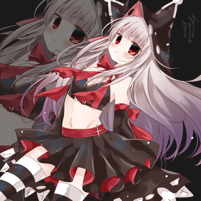 :t absurdres azur_lane bare_shoulders black_skirt black_sleeves blunt_bangs blush breasts brown_hair closed_mouth commentary_request detached_sleeves erebus_(azur_lane) female groin highres hood hood_up long_hair long_sleeves navel pleated_skirt red_eyes shimashiro_itsuki skirt sleeves_past_fingers sleeves_past_wrists small_breasts solo striped_clothes striped_thighhighs sweat thighhighs torn_clothes v-shaped_eyebrows very_long_hair wavy_mouth wide_sleeves zoom_layer