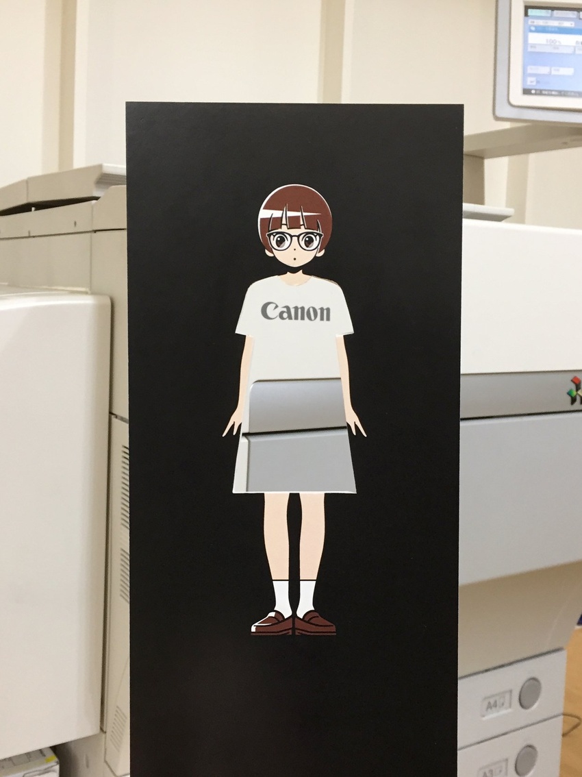 arms_at_sides blunt_bangs brown_footwear brown_hair canon_(company) commentary_request dress female full_body glasses highres logo looking_at_viewer original panasonynet patterned_clothing photo_(medium) screen shoes short_hair socks solo standing unconventional_media white_socks