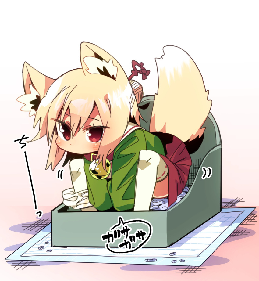 animal_ear_fluff animal_ears bell blonde_hair blush borrowed_character collar commentary female fox_ears fox_girl fox_tail full_body green_shirt hair_between_eyes hair_bun hair_ornament highres jingle_bell kemomimi-chan_(naga_u) litter_box long_hair looking_at_viewer neck_bell original panties panties_around_one_leg pee_pad pleated_skirt red_collar red_eyes red_skirt ribbon-trimmed_legwear ribbon_trim sanzui shirt sidelocks single_hair_bun skirt solo squatting tail tail_raised thighhighs translated underwear white_panties white_thighhighs