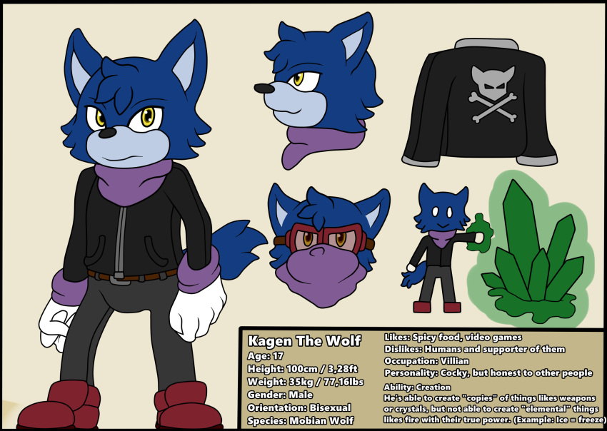 bandana bottomwear canid canine canis clothing eyewear fan_character flat_colors footwear gloves goggles handwear hi_res jacket kagen_the_wolf kerchief male mammal model_sheet pants safety_goggles sega shoes solo sonic_the_hedgehog_(series) text topwear wildwolfproduction wolf