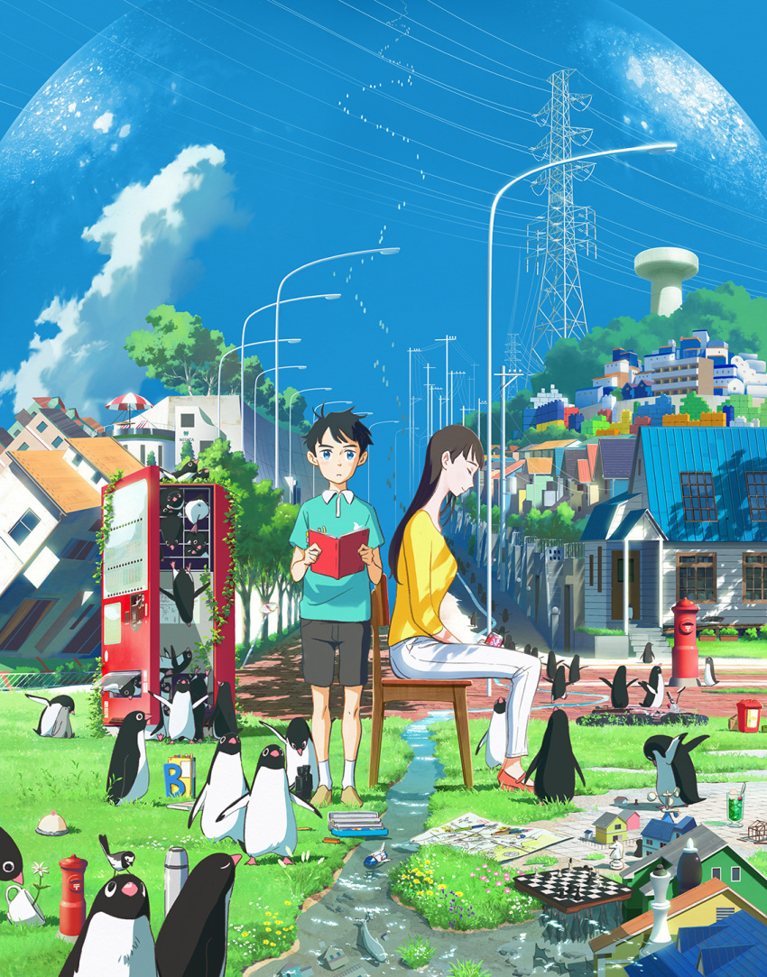 1boy aoyama-kun_(penguin_highway) aqua_shirt bird black_footwear black_hair blue_eyes blue_sky board_game book brown_footwear building chair chess closed_eyes cloud commentary_request cup day female fire_hydrant grass highres house ishida_hiroyasu lamppost lego looking_at_viewer onee-san_(penguin_highway) open_book outdoors pants penguin penguin_highway photoshop_(medium) power_lines road_sign shadow shirt shoes short_sleeves sign sitting sky standing teacup tree umbrella vending_machine water water_tower white_pants yellow_shirt