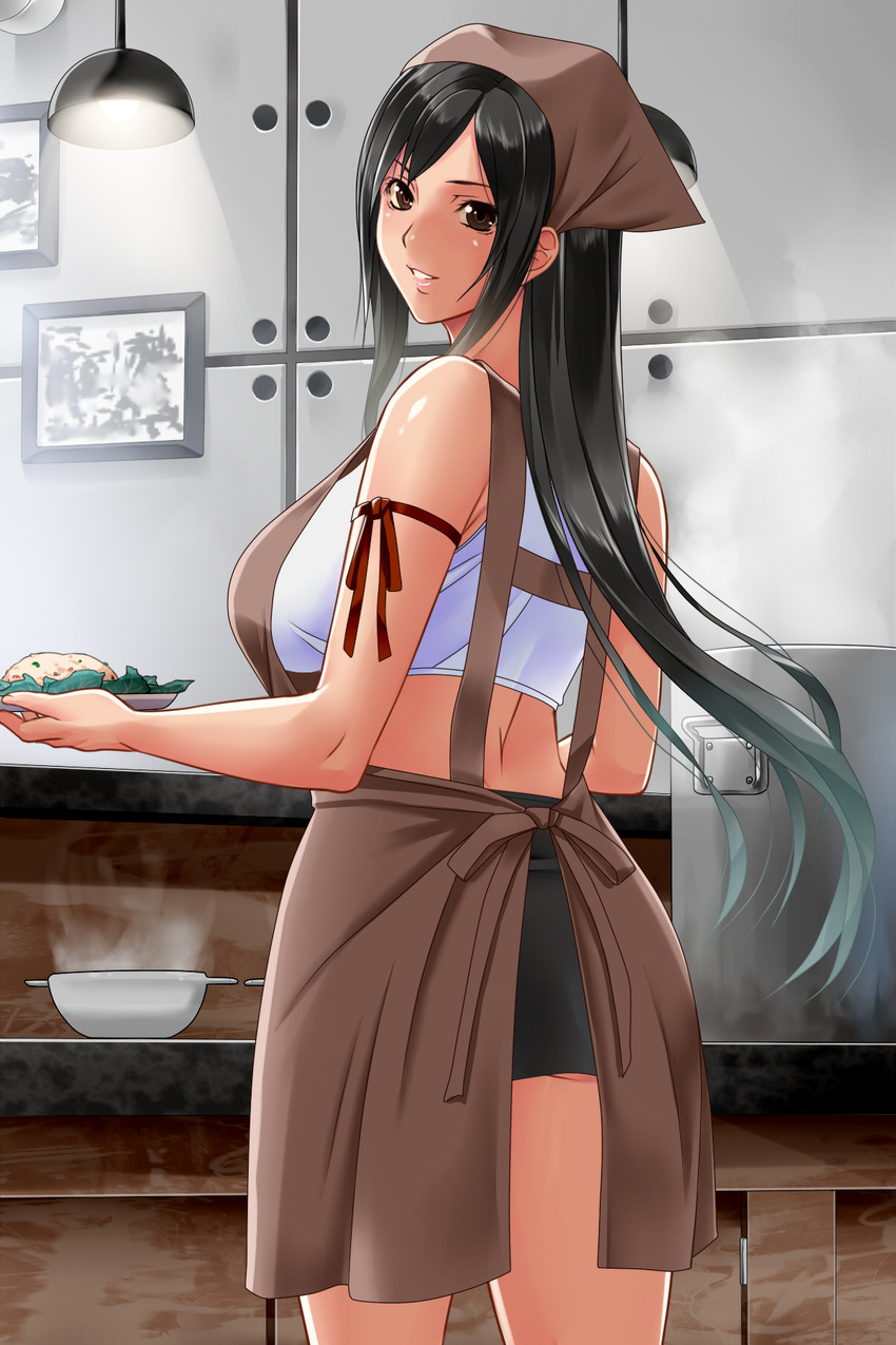 apron arm_ribbon ass back bare_shoulders black_hair black_skirt breasts brown_eyes cooking counter cowboy_shot crop_top day eyelashes female final_fantasy final_fantasy_vii fingernails food fried_rice from_behind highres holding holding_plate indoors kitchen lamp large_breasts long_fingernails long_hair looking_at_viewer looking_back miniskirt original parted_lips picture_frame plate red_ribbon ribbon rice sidelocks skirt sleeveless smile solo sports_bra standing steam stove switch01 teeth tifa_lockhart wall white_sports_bra