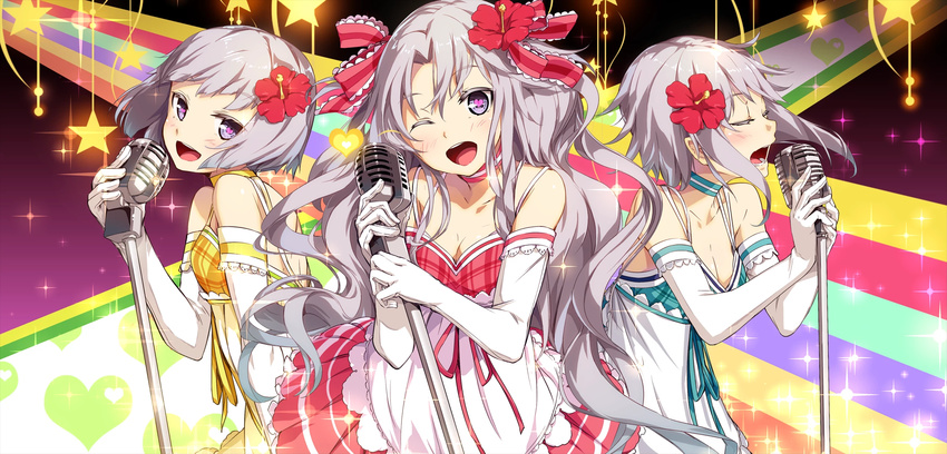 3girls :d ;d breasts character_request cleavage closed_eyes elbow_gloves g_yuusuke game_cg gloves grey_hair heart heart-shaped_pupils highres keira_georgievna_gurdjieva long_hair lossy-lossless microphone microphone_stand multicolored_stripes multiple_girls music one_eye_closed open_mouth plaid purple_eyes short_hair singing small_breasts smile soushuu_senshinkan_gakuen_bansenjin soushuu_senshinkan_gakuen_hachimyoujin sparkle star_(symbol) striped symbol-shaped_pupils very_long_hair wavy_hair white_gloves