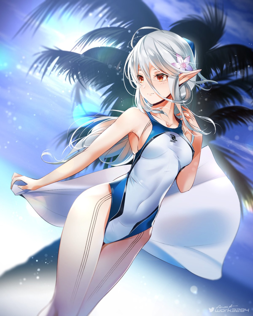 bad_id bad_twitter_id blue_sky breasts closed_mouth competition_swimsuit covered_navel day dutch_angle female fu-mi.a hair_between_eyes highres hip_bones light_smile long_hair long_legs looking_away medium_breasts one-piece_swimsuit ortlinde=nblg=valkyria outdoors outstretched_arm pointy_ears red_eyes silver_hair sky solo sound_voltex swimsuit taut_clothes taut_swimsuit