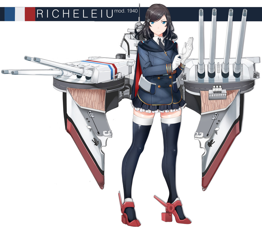 absurdres adjusting_clothes adjusting_gloves anchor anchor_hair_ornament anti-aircraft_gun bad_id bad_pixiv_id battleship black_hair black_necktie blue_coat blue_eyes buttons cannon cape character_name chiyo_goya closed_mouth coat collared_shirt commentary cross double-breasted english_commentary female french_flag frilled_skirt frills full_body gloves hair_ornament highres jacket ladder long_hair long_sleeves machinery mecha_musume military military_jacket military_vehicle necktie original personification pleated_skirt railing range_finder red_footwear richelieu_(battleship) rudder_footwear ship shirt simple_background skindentation skirt smokestack solo thighhighs thighs turret two-tone_legwear typo uniform warship watercraft white_background white_gloves white_shirt