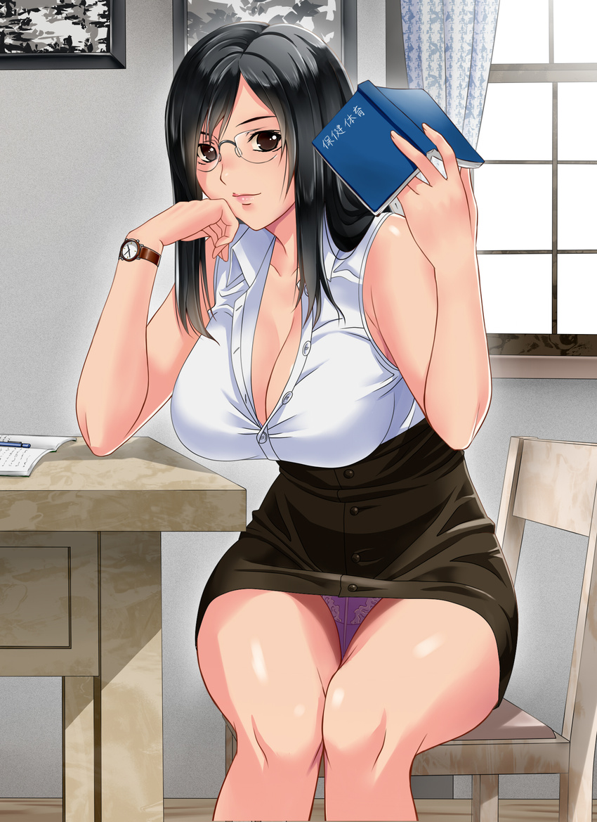 bare_arms bare_shoulders bespectacled black_hair black_skirt book breasts brown_eyes brown_hair brown_skirt buttons chair cleavage closed_mouth collarbone commentary_request cowboy_shot crotch_seam curtains day female final_fantasy final_fantasy_vii fingernails glasses hands_up head_rest highres holding holding_book indoors knees_together_feet_apart lace lace_panties large_breasts legs long_fingernails long_hair looking_at_viewer md5_mismatch miniskirt notebook panties panties_under_pantyhose pantyhose pantyshot pen pencil_skirt picture_frame pink_lips purple_panties revision rimless_eyewear see-through see-through_legwear shirt sitting sitting_sideways skirt sleeveless sleeveless_shirt smile solo switch01 table teacher thighs tifa_lockhart translation_request unbuttoned unbuttoned_shirt underwear upskirt watch white_shirt window wristwatch