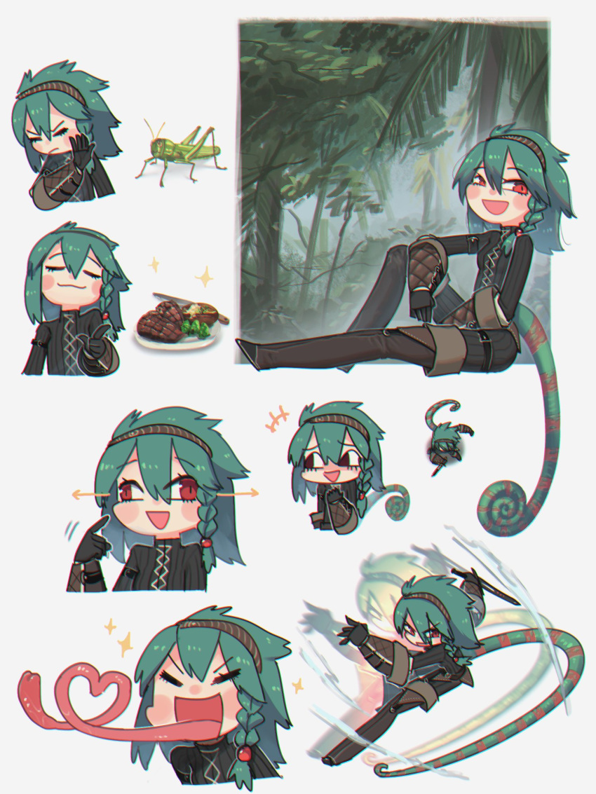 +++ :d afterimage arrow_(symbol) braid bug cecile_(porforever) chameleon_girl chameleon_tail chameleon_tongue chibi chromatic_aberration commentary dagger drakeposting_(meme) english_commentary expressions female food grasshopper green_hair green_tail grey_background hair_between_eyes hairband heart heart_of_string highres knife long_tongue medium_hair meme multiple_views open_mouth original pointing pointing_at_self porforever red_eyes side_braid simple_background smile steak tail tongue tongue_out very_long_tongue wall-eyed weapon