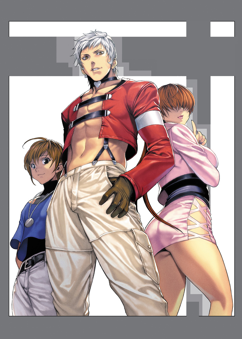 2boys abs ass border brown_hair character_name chris female hair_over_eyes highres homare_(fool's_art) king_of_fighters legs microskirt multiple_boys nanakase_yashiro ponytail shermie side_slit skirt snk striped_background suspenders thighs white_hair