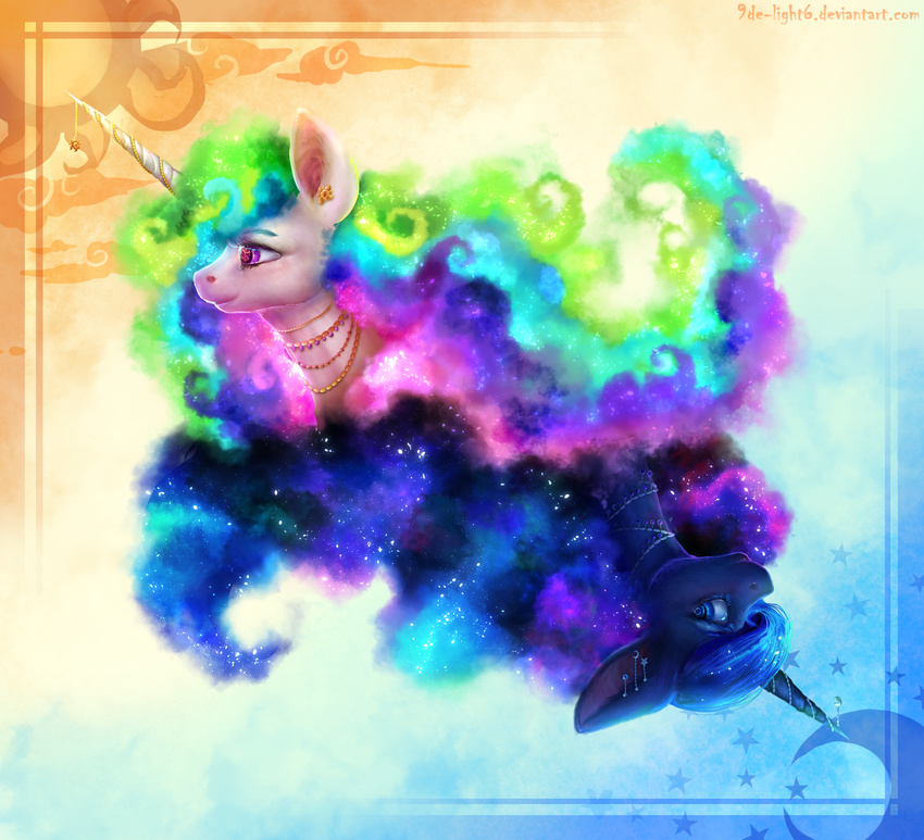 2016 9de-light6 abstract_background blue_body blue_fur blue_hair duo equid equine female feral friendship_is_magic fur hair hasbro hi_res horn jewelry mammal multicolored_hair my_little_pony mythological_creature mythological_equine mythology princess_celestia_(mlp) princess_luna_(mlp) smile unicorn white_body white_fur